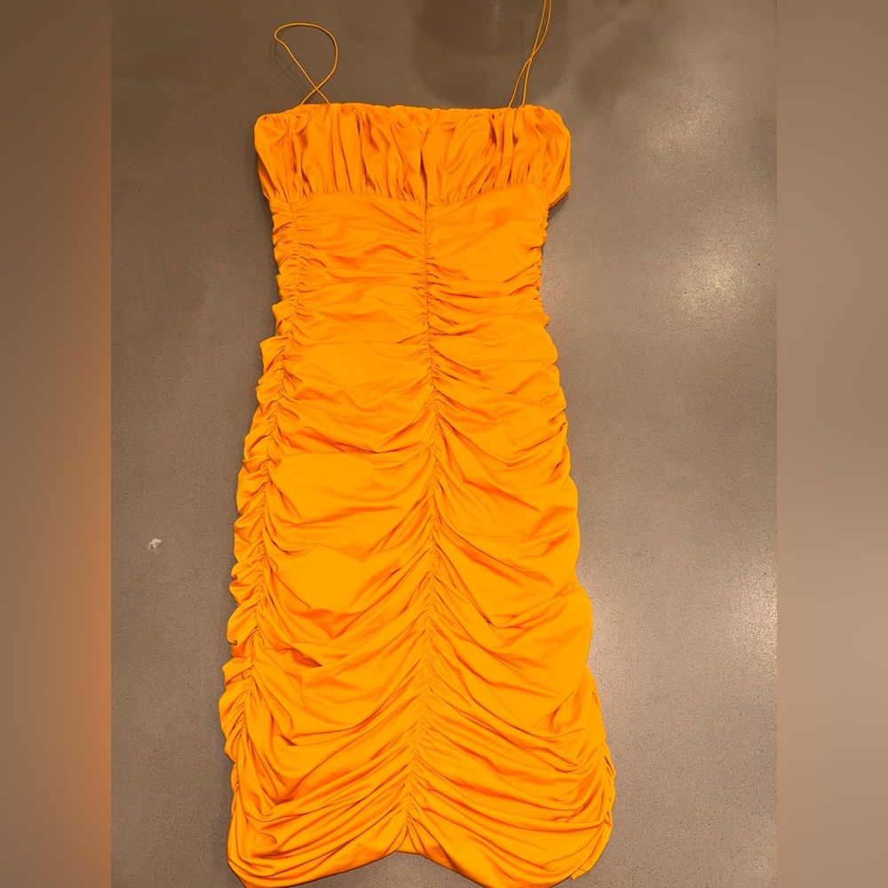 Meshki Orange Ruched Dress thin strap dress